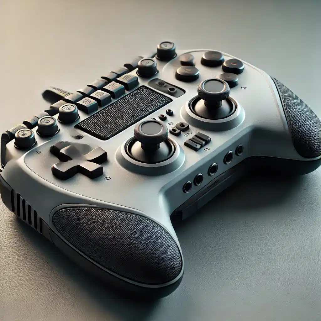 An accessible 3D-printed gaming accessory has enlarged high-contrast buttons, tactile markings and a wide stable base on a neutral surface.