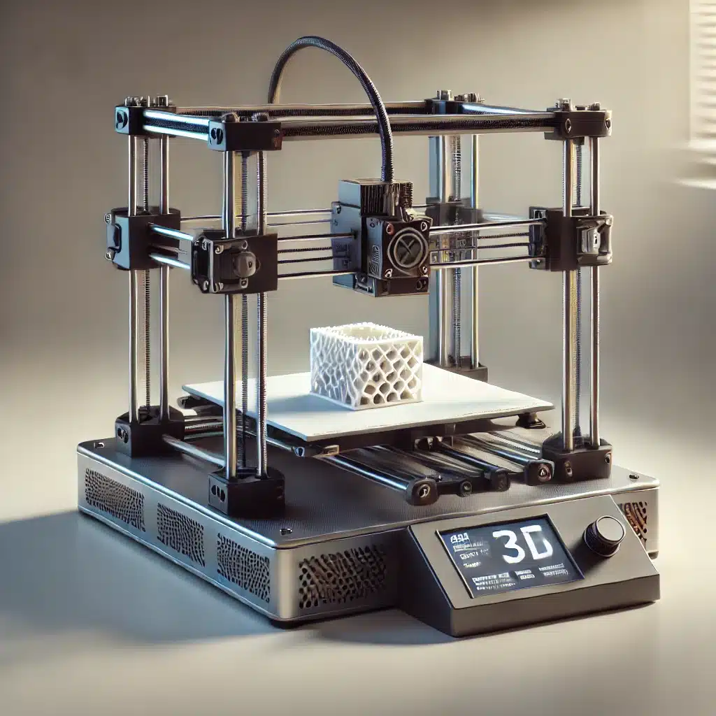 A desktop 3D printer is printing a small object on a flat build plate, with the printhead, rails and build platform visible.